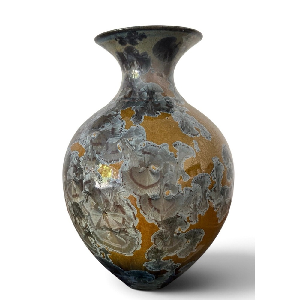 Bill Campbell Flambeaux Crystalline Vase Blue Gray Gold Brown Art Pottery 10"